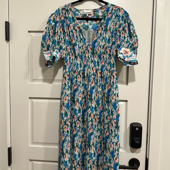 GANNI floral print smocked plisse georgette mini dress - Picture 2 of 7